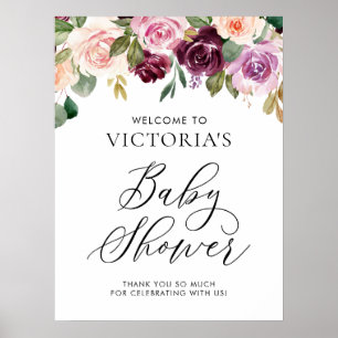 Affiche Elegant Burgundy Fall Floral Baby Shower Welcome