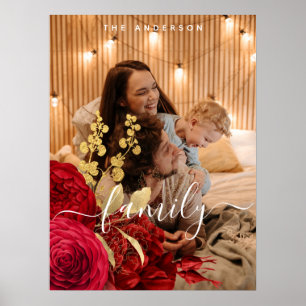 Affiche Elegant Burgundy Floral Script Family Photo