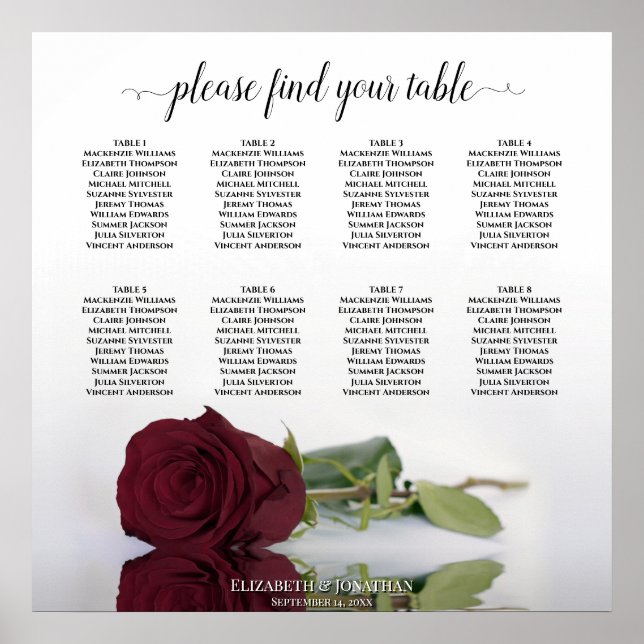 Affiche Elegant Burgundy Rose 8 Table Seating Chart (Devant)