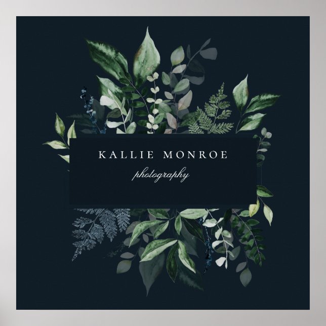 Affiche Élégant cadre de feuillage forestier bleu foncé af (Devant)