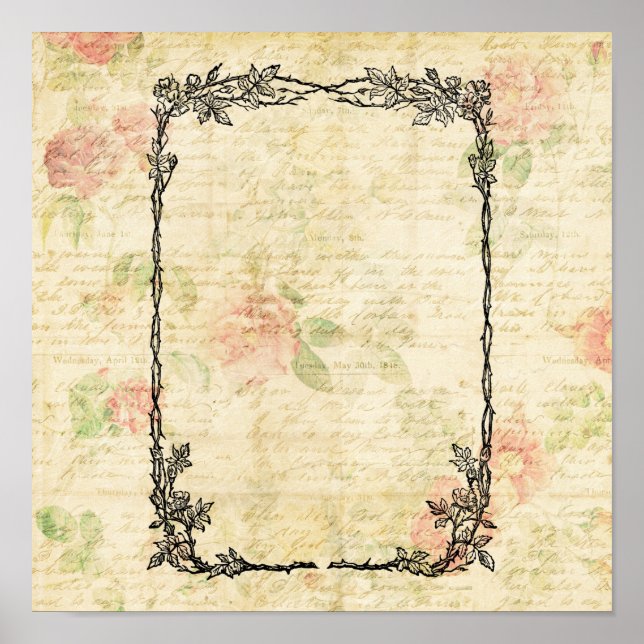 Affiche Élégant cadre floral Rose de papier Script Ajouter (Devant)