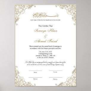 Affiche Élégant cadre or musulman nikkah certificat