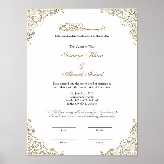 Affiche Élégant cadre or musulman nikkah certificat (Devant)