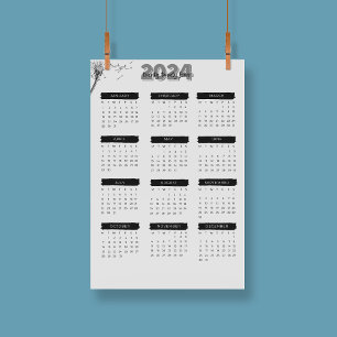 Affiche Élégant Calendrier 2024 Moderne noir et blanc