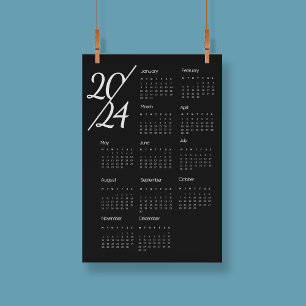 Affiche Élégant Calendrier 2024 Moderne noir et blanc