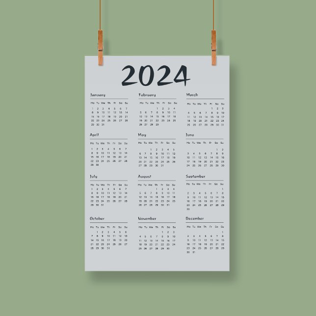 Affiche Élégant Calendrier 2024 Moderne noir et blanc (Modern Elegant 2024 Calendar Black And White Poster)