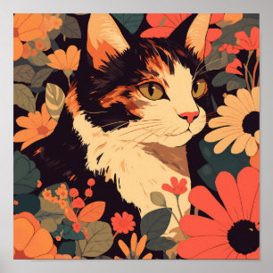 Affiche Elégant Calico Chat dans Floral Garden Matte
