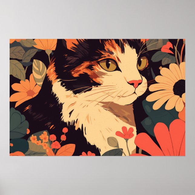 Affiche Elégant Calico Chat dans Floral Garden Matte (Devant)