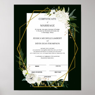 Affiche Élégant certificat de mariage de conservation flor
