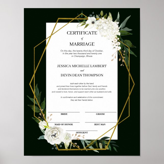 Affiche Élégant certificat de mariage de conservation flor (Devant)