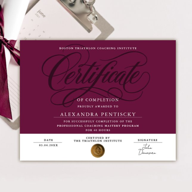 Affiche Élégant Certificat de Réalisation Rouge Bourgogne (Créateur téléchargé)