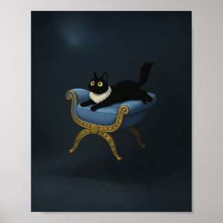 Affiche Élégant chat noir sur Blue Chaise Lounge - Ghibli