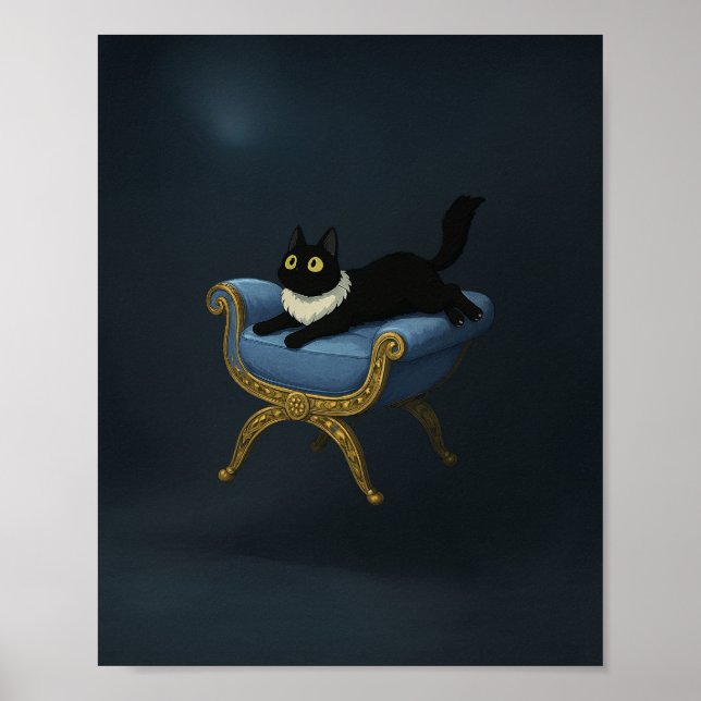 Affiche Élégant chat noir sur Blue Chaise Lounge - Ghibli (Devant)