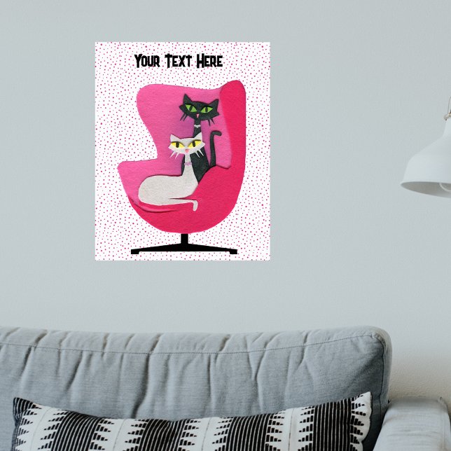 Affiche Élégant Chats Colliers Diamants en Pois de chaise  (Elegant cats diamond collars in mid century pink chair on white with pink dots artwork poster.)