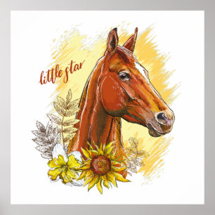 Affiche Élégant cheval à main avec plantes et fleurs