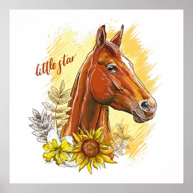 Affiche Élégant cheval à main avec plantes et fleurs (Devant)