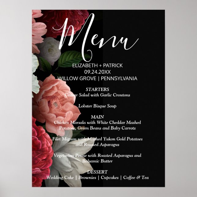 Affiche Élégant chic bordeaux floralMenu Signal (Devant)