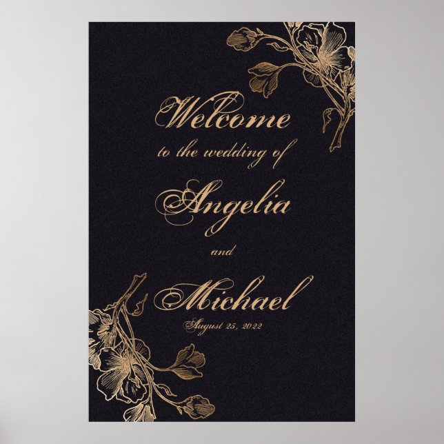 Affiche Élégant Chic Gold Faux Metal Floral Mariage (Devant)