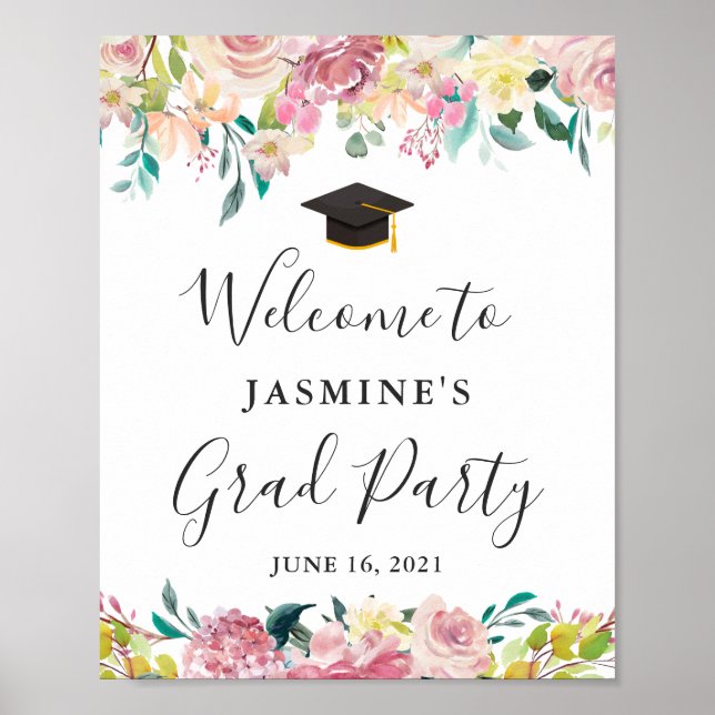 Affiche Elegant Chic Pastel Floral Graduation Party Sign (Devant)