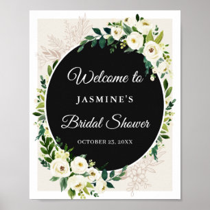 Affiche Élégant Chic Vert Blanc Fleurs Panneau de Mariage