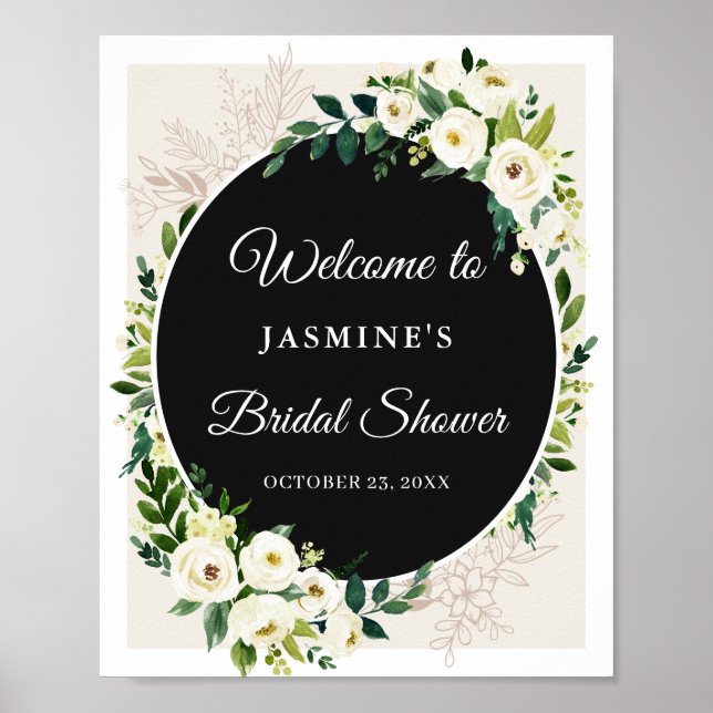 Affiche Élégant Chic Vert Blanc Fleurs Panneau de Mariage (Devant)