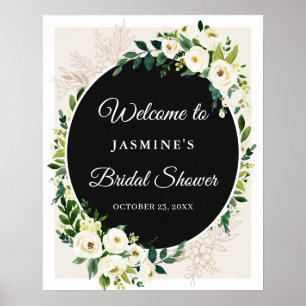 Affiche Élégant Chic Vert Blanc Fleurs Panneau de Mariage