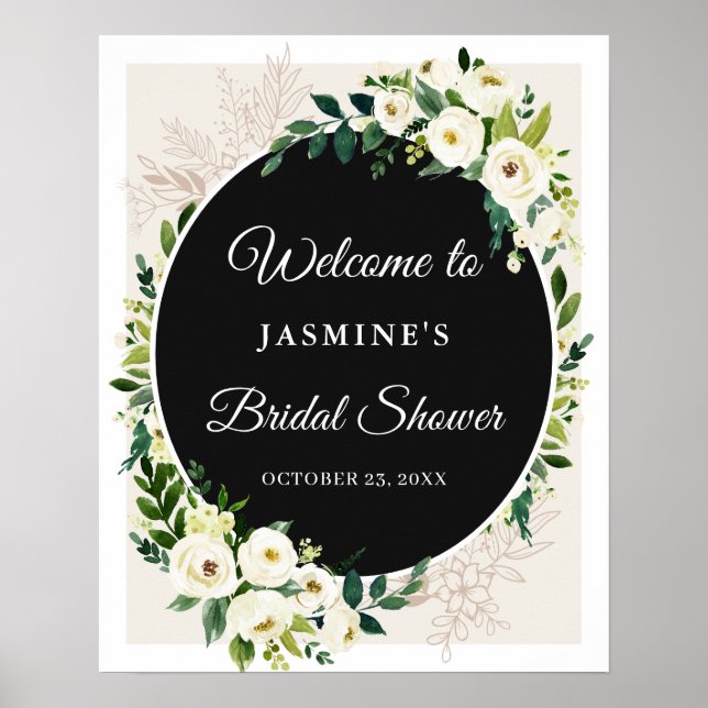Affiche Élégant Chic Vert Blanc Fleurs Panneau de Mariage (Devant)