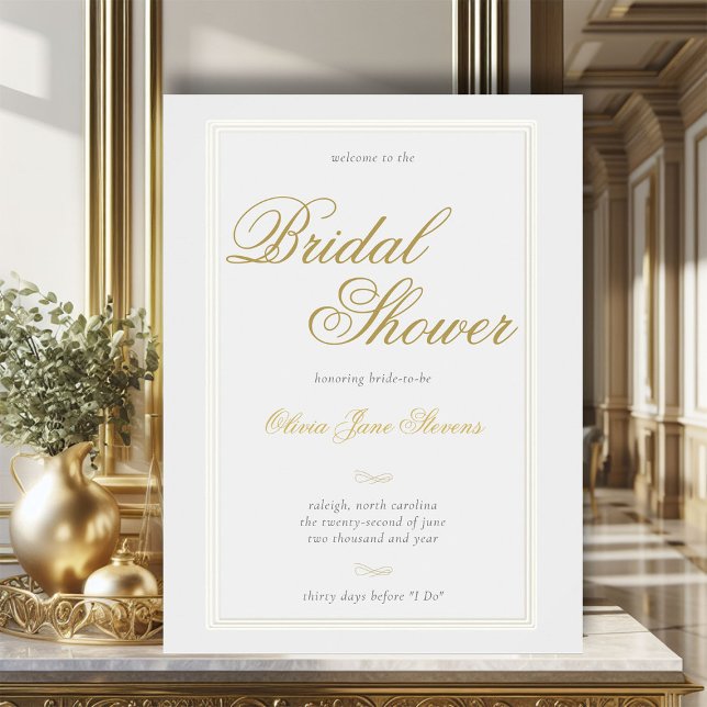 Affiche Elégant classique Fête des mariées à trois cadres (formal flourish calligraphy gold ivory white bridal shower triple frame welcome poster)