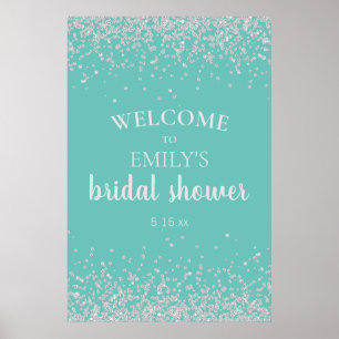 Affiche Élégant Confetti Argent Teal Shower de Mariée