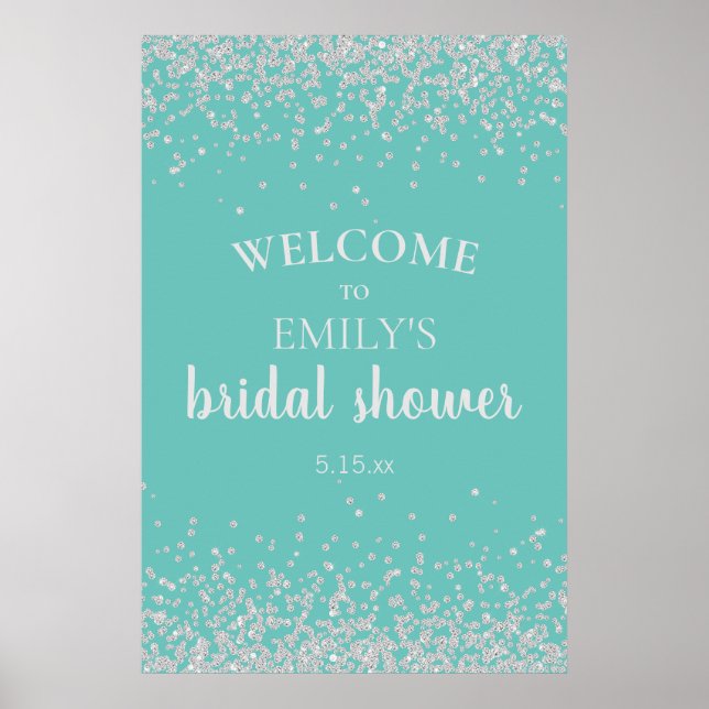 Affiche Élégant Confetti Argent Teal Shower de Mariée (Devant)