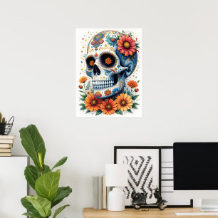 Affiche Elégant crâne de sucre avec fleurs