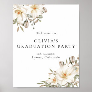 Affiche Élégant crème blanc Floral Graduation Bienvenue