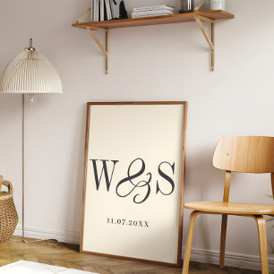 Affiche Élégant crème douce couple initiaux mariage