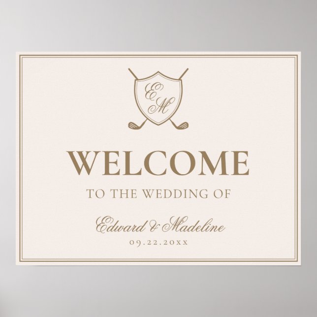 Affiche Elégant Crest Monogram Golf Mariage Bienvenue (Devant)