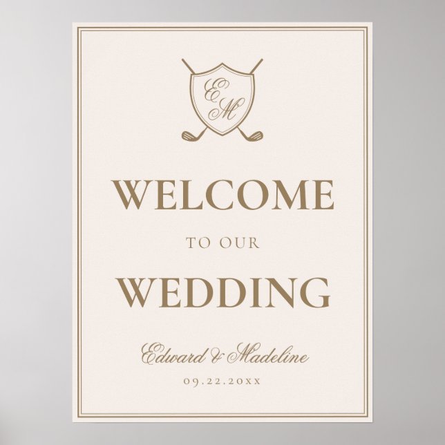 Affiche Elégant Crest Monogram Golf Mariage Bienvenue (Devant)