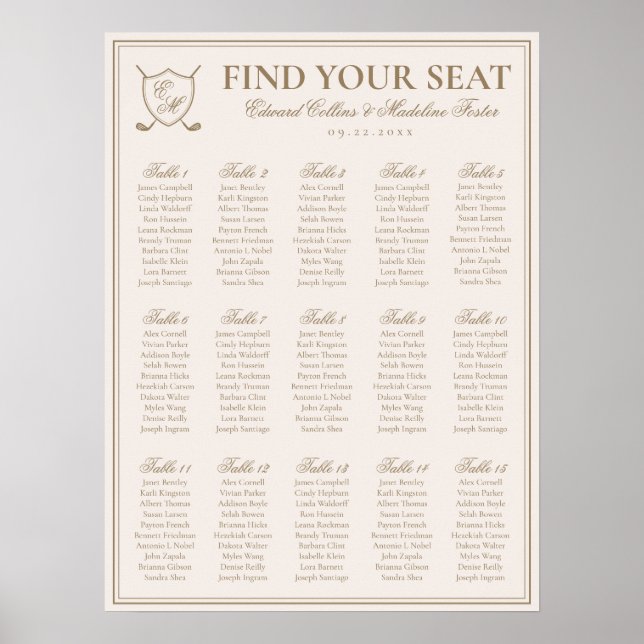Affiche Elégant Crest Monogram Golf Mariage Seating Charts (Devant)