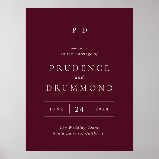Affiche Elegant Deep Burgundy Classic Wedding Welcome Sign (Devant)