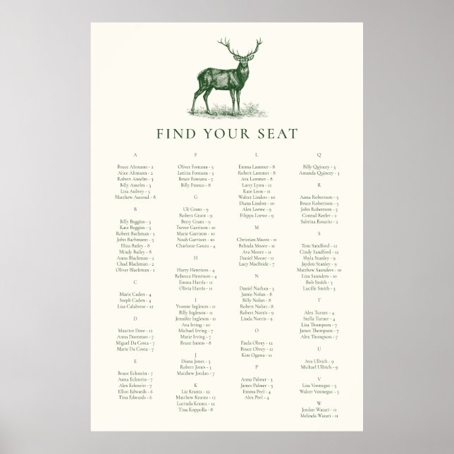 Affiche Élégant Deer Hunking Stag Green Seating Chart (Devant)