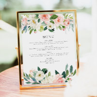 Élégant Dîner Floral Rose-Bleu Menu Signe