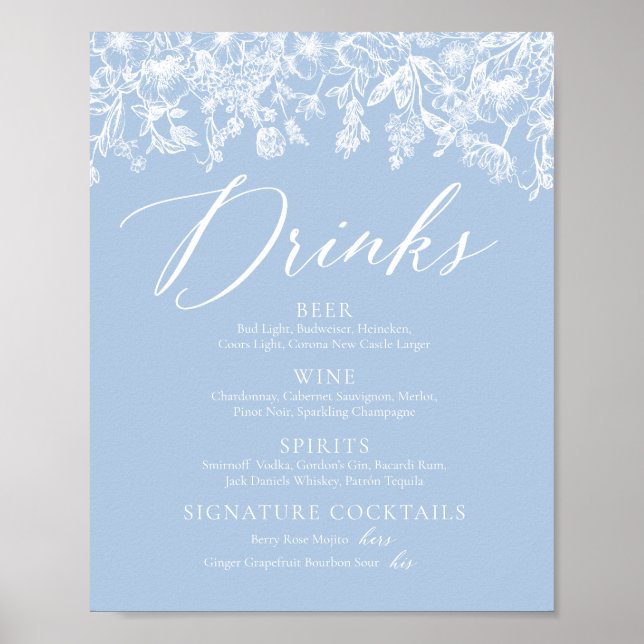 Affiche Élégant Dusty Blue Fleur sauvage Boissons Menu Sig (Devant)