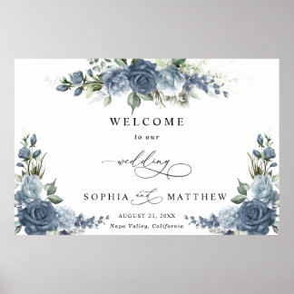 Affiche Elegant Dusty Blue Floral Horizontal Wedding