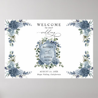 Affiche Elegant Dusty Blue Floral Wedding Crest