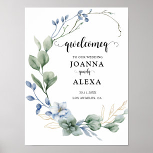 Affiche Élégant Dusty Blue Greenery Fournitures Mariages