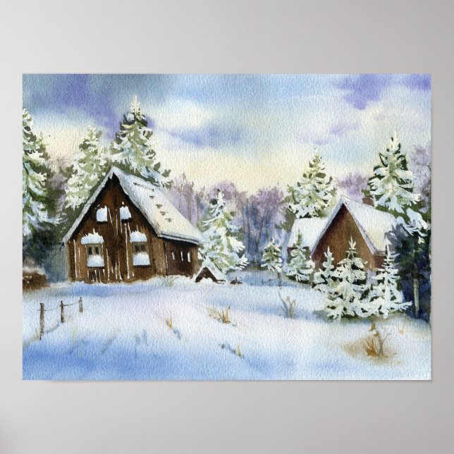 Affiche Élégant effet neige d'hiver Maison paysage de forê (Devant)