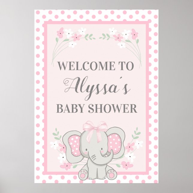 Affiche Élégant Éléphant Rose Points Fleurs Baby Shower (Devant)