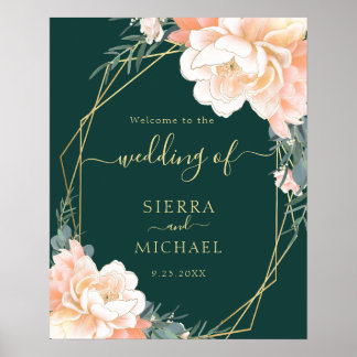 Affiche Élégant Emerald Green Peach Floral Mariage