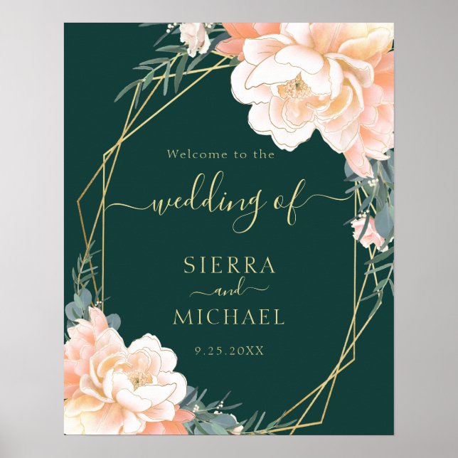 Affiche Élégant Emerald Green Peach Floral Mariage (Devant)