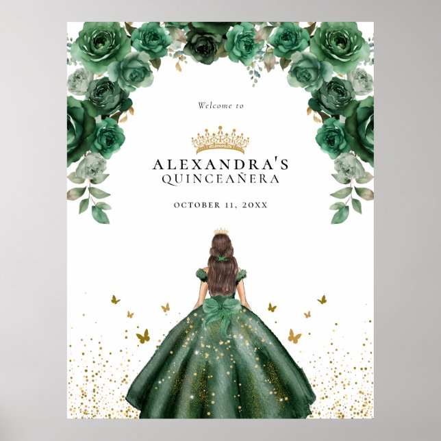 Affiche Élégant Emerald Quinceañera Floral Faux Foil (Devant)