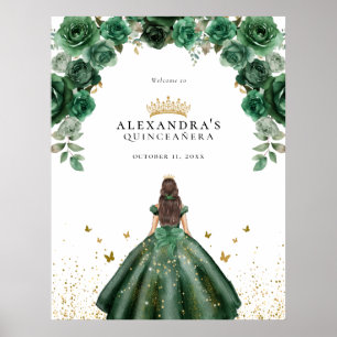 Affiche Élégant Émeraude Quinceañera Floral Faux Feuille m