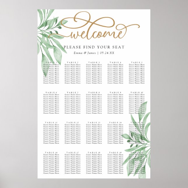 Affiche Elégant Eucalyptus Greenery Mariage Seating Chart (Devant)